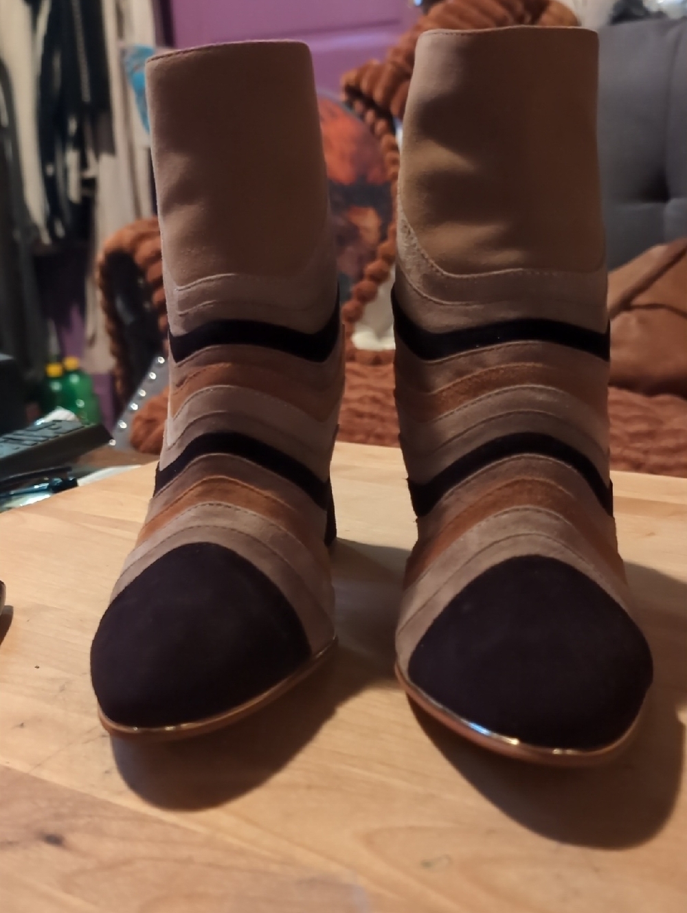 Women's Striped Suede Ankle Boots - Black, Beige & Brown